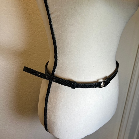 Yves Saint Laurent Black Textured Slim Leather Belt with Silver Buckle main image 10